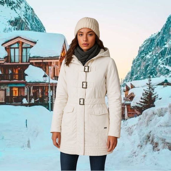 EUC Roxy White Coat with Brass Buckle Detail Sz Small - Picture 1 of 12